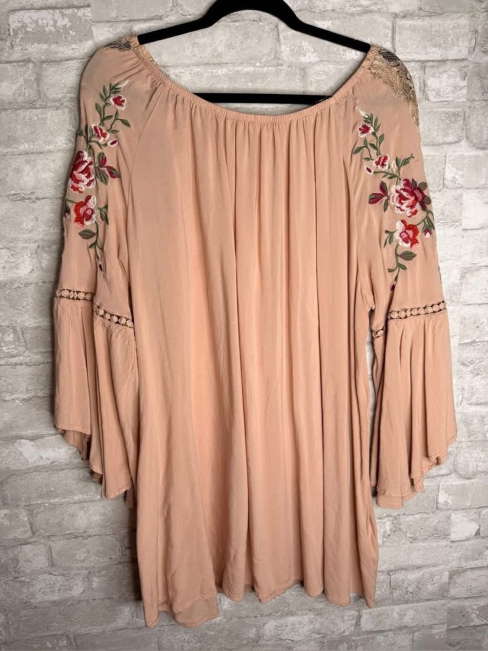 2X indigo soul Peach Embroidered Boho Tunic Top